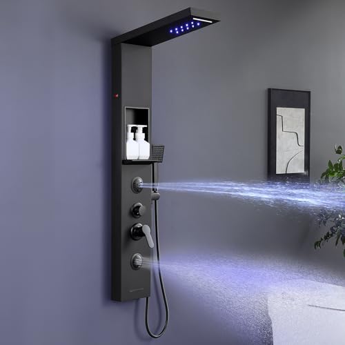 KINKIBOS LED Duschpaneel mit Armatur und Ablage Schwarz...