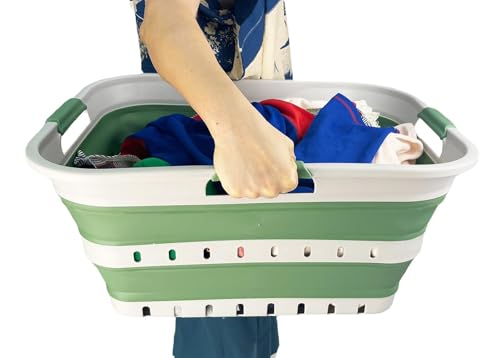 Image of SAMMART 42 (11 Gallons) Collapsible Plastic Laundry Basket, Foldable Pop Up Storage Container /Organizer, Space Saving Hamper, Portable Bin for Dorm Room Bathroom (1, Grey /Dark Sea Green)