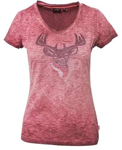NEU! Hirsch Glitzer T-Shirt Damen Strass Trachten Shirt aus Bio-Baumwolle taillierter Schnitt Flammgarn Effekt Trachtenmode für Freizeit Lederhose (3XL Rosa)