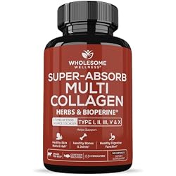Wholesome Wellness Super-Absorb Multi Collagen Pills (Type I II III V X) Organic Herbs & Bioperine - Hair, Skin, Nails - Hydrolyzed Peptides Protein Supplement for Women & Men (90 Capsules)