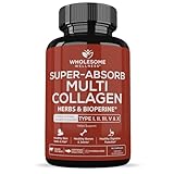 Wholesome Wellness Super-Absorb Multi Collagen Pills (Type I II III V X) Organic Herbs & Bioperine - Hair, Skin, Nails - Hydrolyzed Peptides Protein Supplement for Women & Men (90 Capsules)
