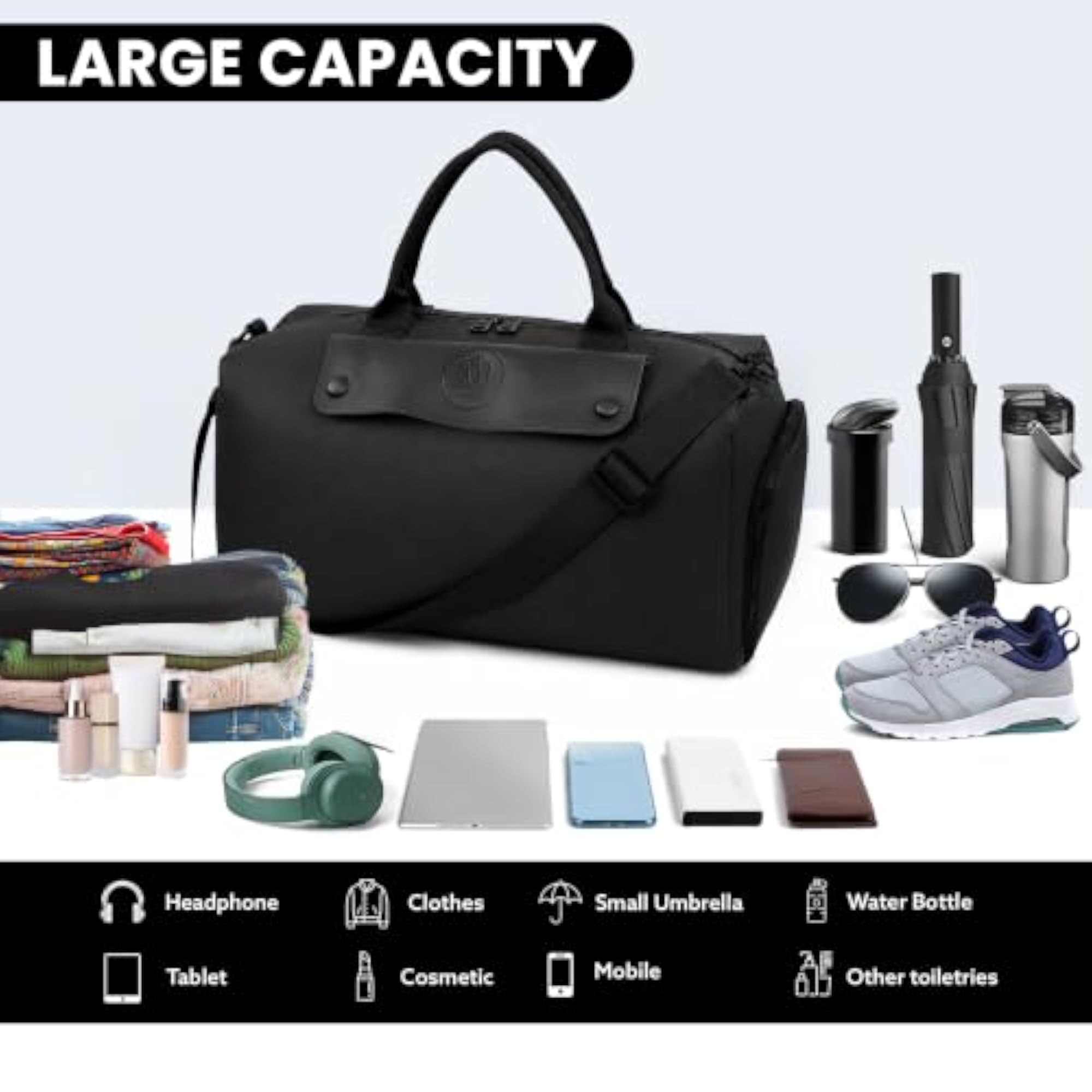 Travel Duffel Bag with Shoe Compartment, Black