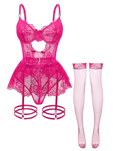 Image of Foxiny Sexy Lingerie Set 3 Piece Women Corset Bodysuit | Sheer Mesh Lace Push-Up Underwire Heart Garter Stocking Plus Size Curvy Exotic Costume Halloween Christmas Valentine's Day