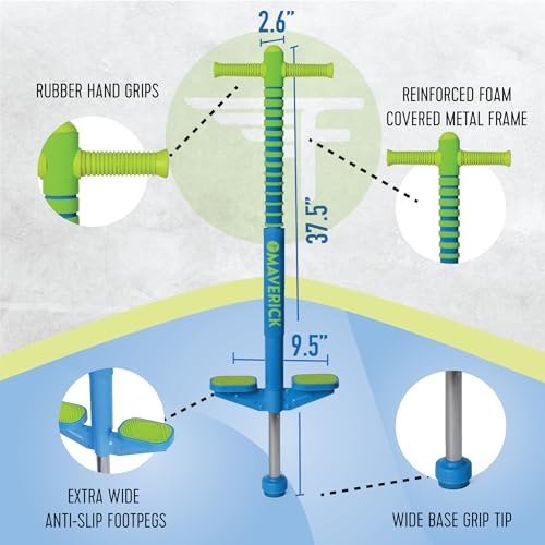 Image of Flybar Maverick 2.0 Foam Pogo Stick for Kids Ages 5 and Up, 40 to 80 Pounds, Outdoor Kids Toys, Pogo Stick for Boys and Girls, Rubber Grip, By The Original Pogo Stick Company (Blue /Green)