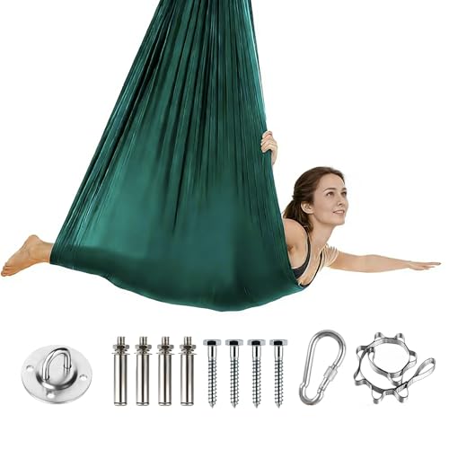 Hamac de Yoga Aérien Vert Foncé 280x150 cm, Capacité de Charge 500 kg, Kit Complet D'Installation Inclus, Accessoires De Yoga Anti-Gravité Pour Adultes
