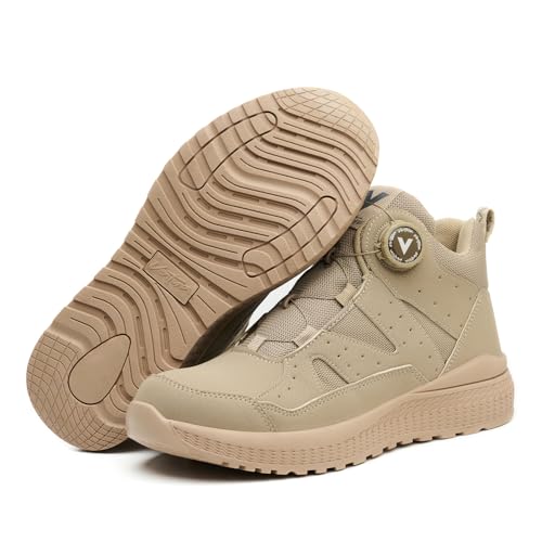 USOR Steel Toe Shoes for Men Women Rotating Automatic Buckle Shoes Laces Lightweight Breathable Comfortable Sneakers Slip Resistant Indestructible Safety ShoesBeige 41
