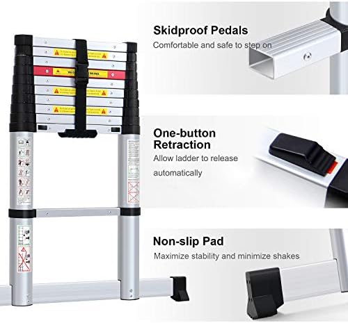 WolfWise 3.2M Telescopic Ladder with Stabiliser Bar, Aluminum Telescopic Extension Tall Multi Purpose Loft Ladder, 330 pound/150 kg Capacity Black (3.2M)
