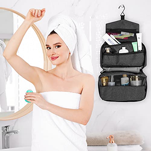 Hanging Travel Toiletry Bag for Men and Women, Waterproof Hygiene Bag with Swivel Hook, Zippers and Compartments for Wash Bag, Makeup, Organiser for Suitcase (Black)