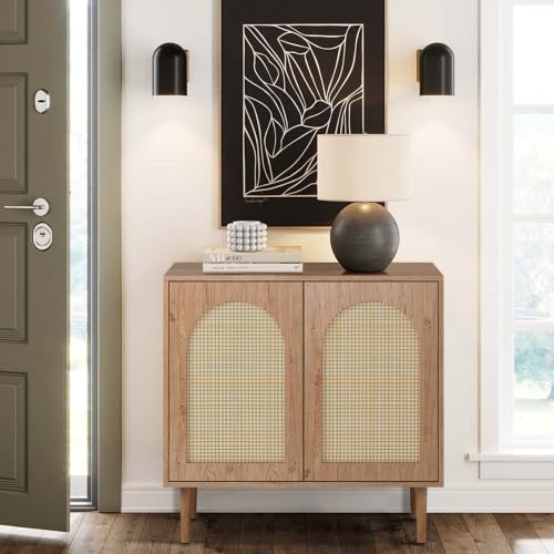Image of HULALA HOME Rattan Sideboard Cabinet with Solid Wood Legs, Oak