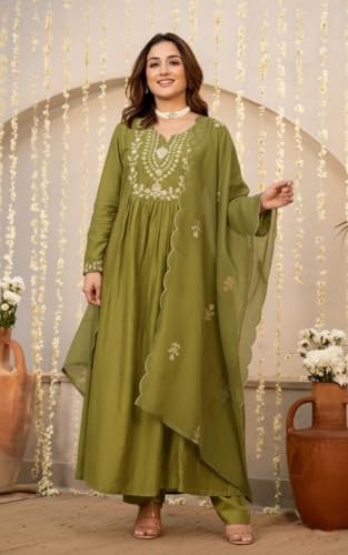 Image of Nermosa Women Embroidery Solid A-Line Kurta and Pant Set with Dupatta
