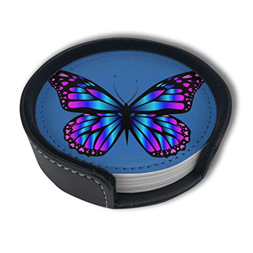 EKUIOP Leather Coasters with Holder Set of 6,Blue and Purple Butterfly Coasters for Drinks,Funny Gift,Round Cup Mat Pad for Home and Kitchen