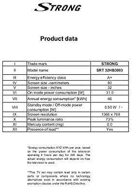 Product data table for Strong SRT 32HB3003 TV with detailed specifications