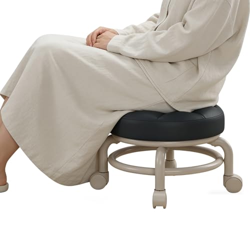 ZJchao Niedrige Rollhocker, Universalrad, 360° Drehbar, Leder, Rund, Rollhocker, Sitze, für Zuhause, Büro, Garage, Geschäft, Fitness (Black)