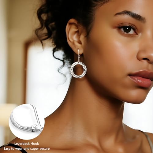 ALEXCRAFT 925 Sterling Silver 14K Gold Dangle Earrings for Women, Hypoallergenic Drop Handmade Hammered Circle Round Earring Leverback Dangling Minimalist Earings2
