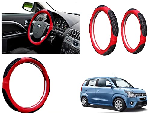 Image of Microfiber Car Steering Wheel Cover, Soft Padding Great Hand Feel, Anti-Slip, Faux Leather Steering Cover for Maruti Suzuki WagonR 2019 | Black Red Jali - Pack of 1