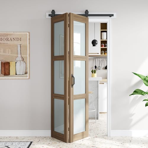 FREDBECK 42X84(Double 21x84) Bifold Door Brown Sliding 3 Panels Frosted