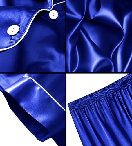 Image of SWOMOG Men Satin Silk Pajamas Sets Short Sleeve Sleepwear Button-Down PJs Sets Two-Pieces Loungewear with Pockets