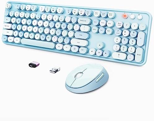 Wireless Keyboard and Mouse Combo, Ergonomic Full Size Typewriter Retro Round Keycaps Keyboard, Compatible with Windows, PC, Perfer for Home and Office Keyboards (Blue