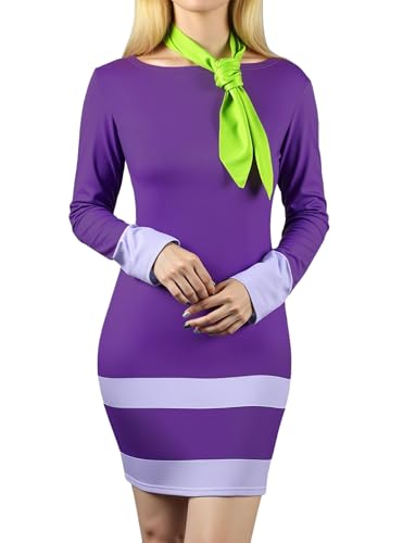 DANAZANA Halloween Party Costume Womens Casual Bodycon Purple Daphne Scoopy Doo Mini Dress with Scarf Long Sleeve Purple Mini Dresses Daphne Cosplay Costumes Outfit for Halloween