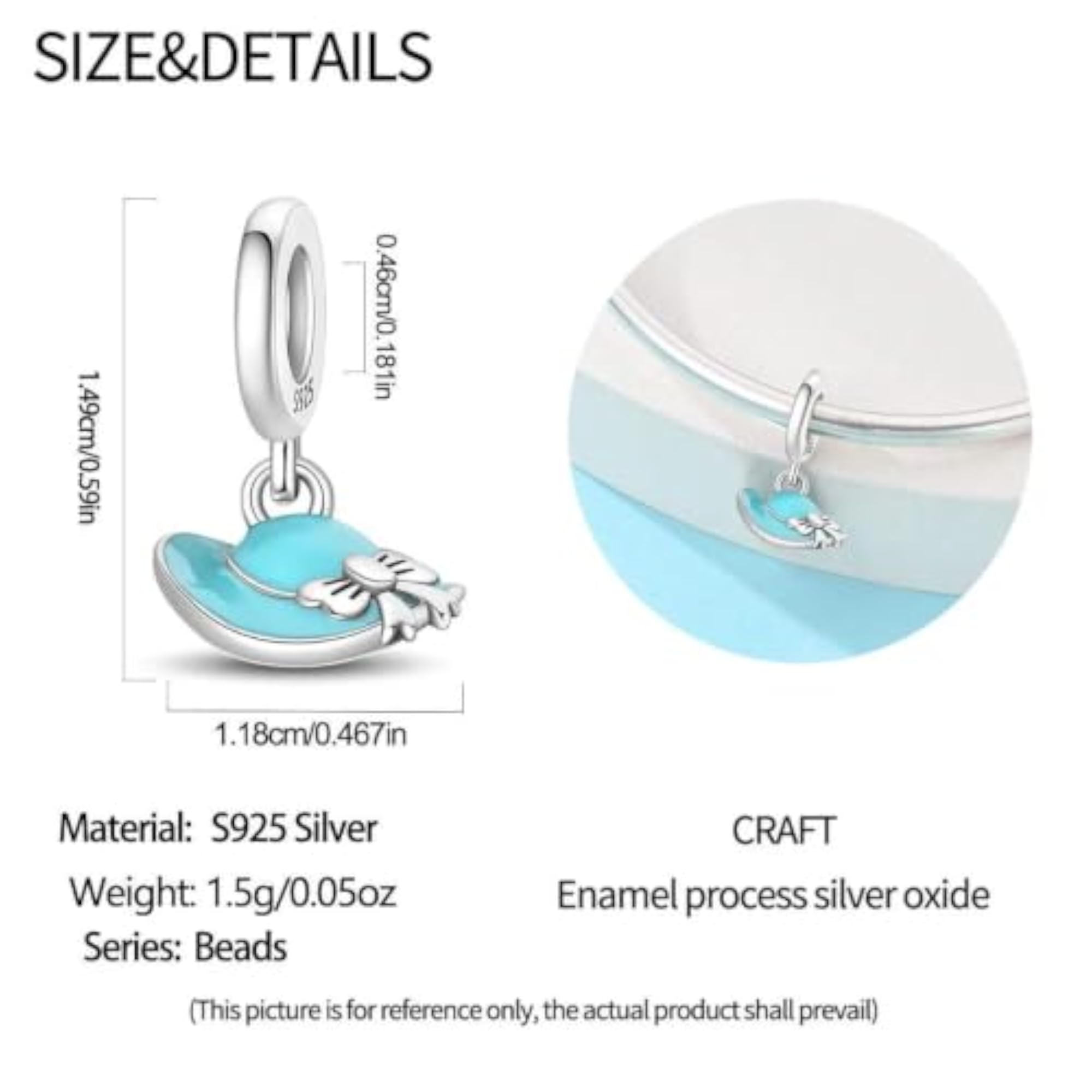Women's 925 Sterling Silver Ocean Blue Hat Charm Pendant, Gift