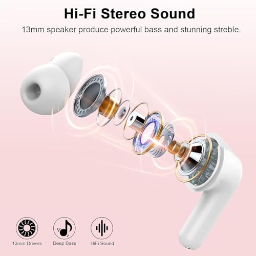 Image of Nerunsa Wireless Earbuds, Bluetooth 5.4 Headphones with 4 ENC Noise Cancelling Mic, 45Hrs Playtime Bluetooth Earphones HiFi Stereo Deep Bass, in Ear Earbuds IP7 Waterproof, Wireless Headphones Pink