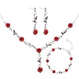 Yolev 3Pcs Set Red Rose Jewelry - Rose Flower Pendant Necklace, Bracelet Dangle Earrings.Bracelet Flower Jewelry Dangle Earrings Set For Valentine's Day Mother's Day Gifts Wedding Gifts