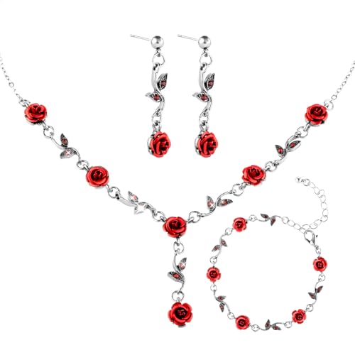 Image of Yolev 3Pcs Set Red Rose Jewelry - Rose Flower Pendant Necklace, Bracelet, Dangle Earrings Set For Valentine's Day, Mother's Day, Wedding Gifts