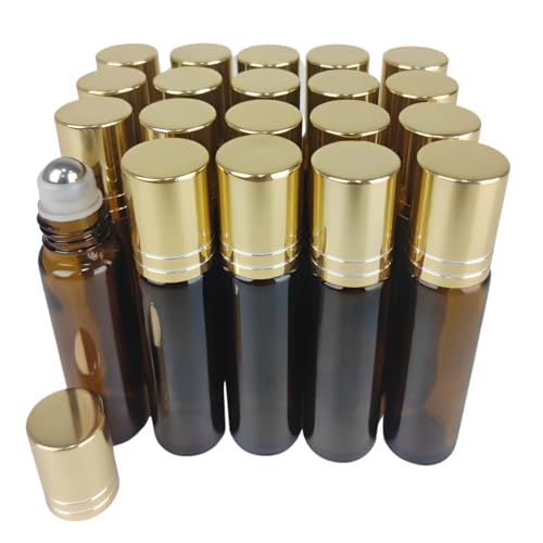 Kit com 20 Frascos Rollon PREMIUM em Vidro Ambar 10ml com Tampa Dourada, Para Óleos Essenciais, Arom