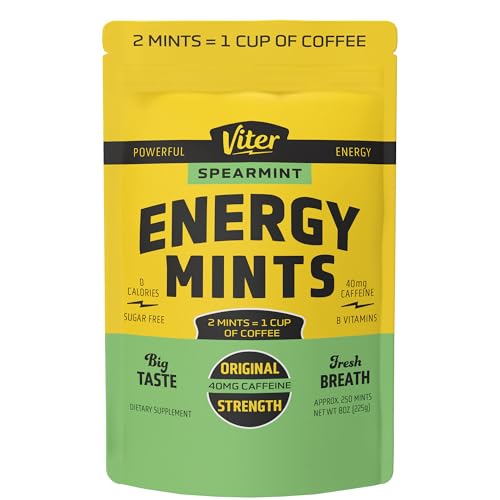 Image of Viter Energy 40mg Caffeine Mints - Sugar Free, B Vitamins, Vegan, Boosts Fast Energized Alert Focus, Caffeinated Nootropic Supplement Pills (Spearmint Flavor, 8oz, Bulk Bag)