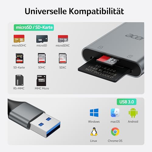 acer USB 3.0 Kartenleser mit Kabel, USB-A SD Micro SD Card Reader Aluminium Kartenlesegerät Typ A Speicherkartenleser Adapter für Computer, PC, Laptop, Kamera, SDXC, Micro SDHC, TF, RS-MMC usw.