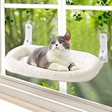 LEKEFETO Cordless Katzen Hängematte, Katzen Fensterliege mit Saugnäpfen & Abnehmbarem Doppelseitiges Stoffpolster, Faltbar Katze Fenster Barsch bis zu 15 kg, für Fenster und Wand - 30 x 52cm, Weiß