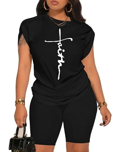PINSV Women 2 Piece Outfits Summer Sweatsuits Track Suits Biker Short Workout Jogger Sets Black A L