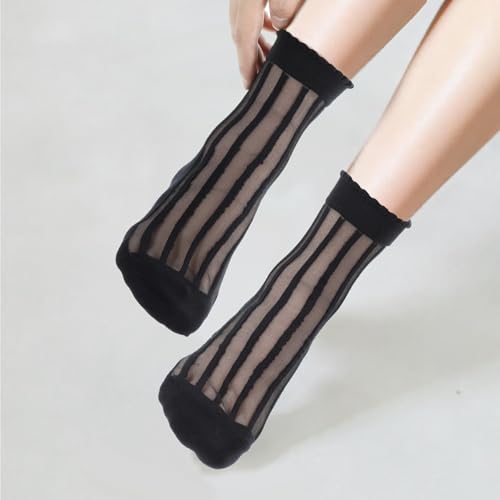 Image of Telooco 3 Pairs Women Sheer Socks Nylon Ankle Socks Black See Through Socks Dots Stripes Geometric Breathable Thin Stockings Transparent Tulle Socks for Women