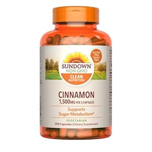 Sundown Cinnamon Capsules, Supports Sugar Metabolism, Non-GMO, Gluten-Free, Dairy-Free, 200 Ct