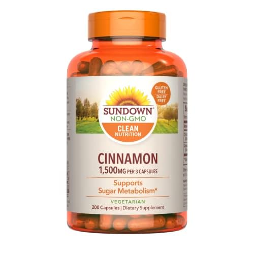 Sundown Cinnamon Capsules, Supports Sugar Metabolism, Non-GMO, Gluten-Free, Dairy-Free, 200 Ct