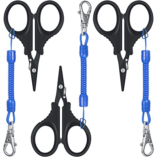3 Pieces Fishing Scissors Fishing Tool Kit Portable Braided Line Cutter Stainless Steel with Titanium Coating with Hook and Retractable Coil Lanyards Accessories(Black)