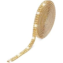 Self Adhesive Rhinestone Strips Bling Crystal Rhinestone Ribbon Glitter Diamond Roll Stickers Trim Rhinestones for DIY Crafts Fabric Car Shoes Mobile Phone Decor2 Rows of 3 Yards, Gold