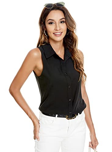 Atnlewhi Blusa sin mangas con botones para mujer, cuello básico, para trabajo, oficina, elástico, formal, informal, blusas, Negro , L