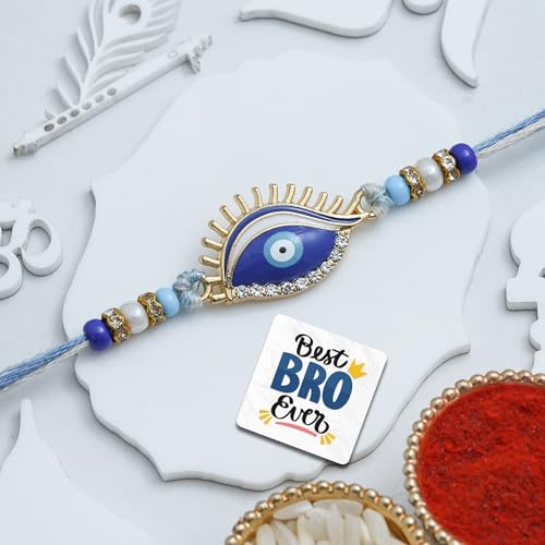 Image of eCraftIndia Evil Eye Rakhi for Brother Bhaiya Bhai with Best Bro Ever Fridge Magnet | Roli Chawal Pack