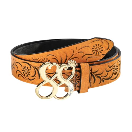 Metallic Buckle Belt for Adult Western Ethnic Waistband Embossing Flower Belt PU Waiststrap for Everyday Use