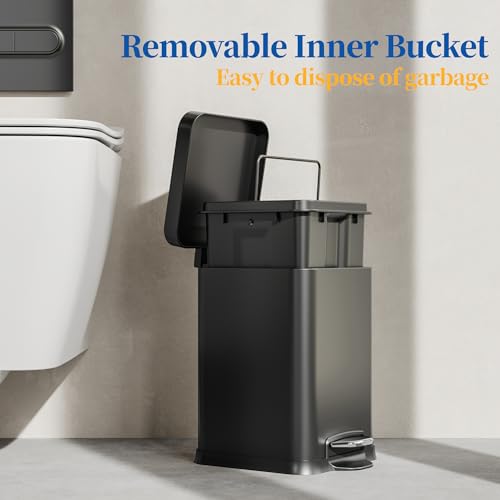Image of Ruacq Small Bathroom Trash Can with Lid Soft Close,Step Pedal, 1.6 Gallon /6 Liter Bathroom Garbage can with Removable Inner Bucket,Stainless Steel Trash Bin,Anti-Fingerprint Finish (Matt Black)