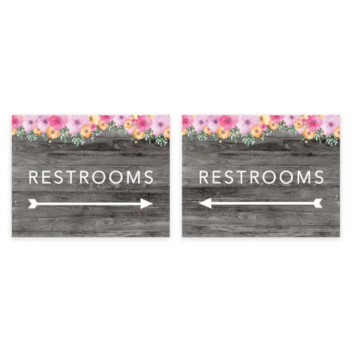 Andaz Press Wedding Party Directional Signs, Rustic Gray Wood Pink Floral Flowers, 8.5x11-inch, Double-Sided, Restrooms with Big Arrow, 1-Pack, Unframed
