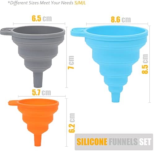 3 Pcs Funnels Collapsible, Funnels for Filling Bottles Silicone Funnels Set Filling Small Bottles Set of 3 Foldable Funnels, Fold Almost Flat for Space Saving Orange Grey and Blue (S/M/L)