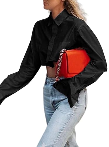 Women Cropped Button Down Shirt Asymmetric Hem Long Sleeve Collared Blouse Top2