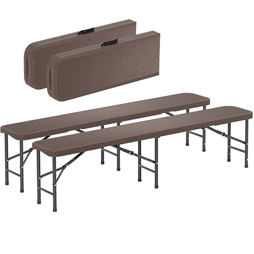 Image of TANGZON 6FT Outdoor Folding Bench, Portable Fold in Half Bench Seat with Safety Lock & Carry Handle, Easy Store Indoor Outdoor Patio Seating for Garden Picnic Party and Camping (2, Brown)
