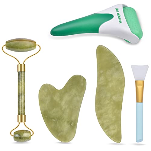 Ice Roller & Jade Roller and Gua Sha Set, 6 in 1 Facial Massage Kits, Facial Roller Kit with Gua Sha Tool and Silicone Brush, Anti-aging Jade Stone Massager for Face, Eyes, Neck Massage By Charmonic