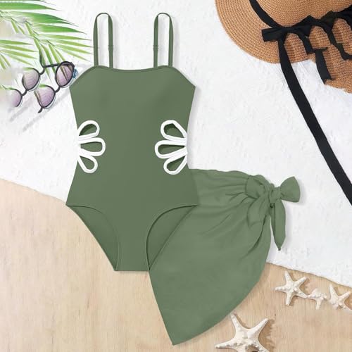 Girls Swimsuit Cut Out One Piece Bathing Suit Adjustable Straps Quick Dry Swimwear with Cover Up Skirt 7-16 Years4