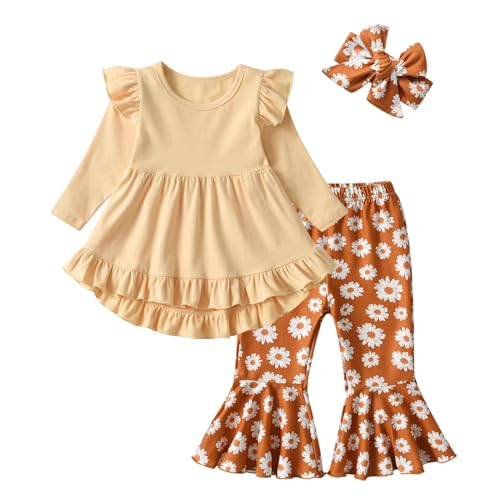 KuKitty Kleinkind-Baby-Mädchen-Kleidung, einfarbig, langärmelig, Rüschen, Oberteil, Blumenmuster, Hose und Stirnband, Outfit-Set, aprikose, 4-5 Jahre