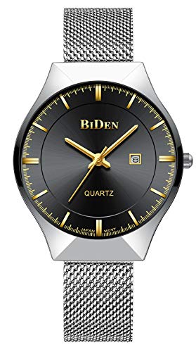 MASTOP Men Watch Ultra Thin Watches Stainless Steel Mesh Band Quartz Wristwatch Fashion Date Waterproof Watches (Silver Black)