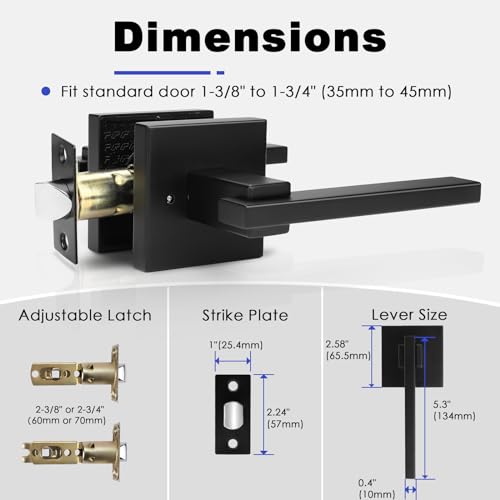 Image of Orger 2 Pack Square Interior Door Handle Bedroom Bathroom Privacy Door Lever, Matte Black Interior Door Lock for Left & Right Side Doors, Modern Keyless Privacy Door Handle Stainless Steel